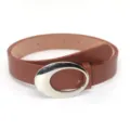 Brown leather belt with stylish silver oval metal buckle for women's jeans and dresses. - Glossy Camel / Length 105cm Width 2.8cm