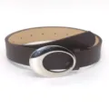 Trendy dark brown women leather belt with stylish silver oval cutout metal buckle accessory. - Glossy Coffee / Length 105cm Width 2.8cm