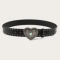 Retro punk women's black leather belt with metal studs and turquoise heart buckle, Y2K style. - Black