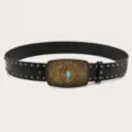 Retro ethnic wide leather belt for women, vintage ornate buckle with turquoise stone and studs. - Black (Black Rivets)