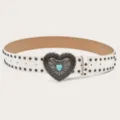 Retro white studded belt with heart turquoise buckle, punk Y2K style for women jeans. - White