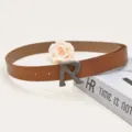 Brown PU leather women's belt featuring a unique metal R buckle for daily casual commuter wear. - Length 105cm Width 2.8cm / Camel