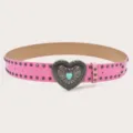 Pink western punk leather belt for women with heart turquoise buckle and metal studs. - Pink