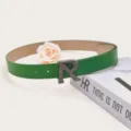 Green PU leather women belt featuring a metallic textured R buckle for stylish daily outfits. - Length 105cm Width 2.8cm / Green