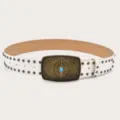 Retro white leather belt with ornate bronze buckle turquoise stone and metal studs variant - White (Black Rivets)