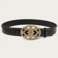 Women's black leather rhinestone floral buckle belt, retro studded fashion accessory. - Black (Black Rivets)
