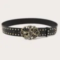 Black studded leather belt with vintage butterfly gem buckle Y2K punk style women waist - Black (Green Rhinestone Butterfly Buckle) Gold Rivets