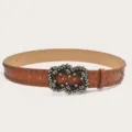 Women's brown leather belt featuring metallic studs and sparkling rhinestone buckle. - Camel (Black Rivets)