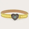 Yellow vintage studded women belt with heart turquoise buckle for Y2K punk style outfit - Yellow