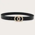 Women fashion black leather belts with gold interlocking pearl round buckle dress belt. - Black
