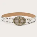 White rhinestone floral buckle belt variant, vintage studded women leather pants belt - White (Black Rivets)