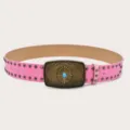 Pink western vintage belt with ornate turquoise stone buckle and studded leather strap. - Pink (Black Rivets)