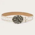White Y2K punk wide leather belt with golden studs and vintage butterfly rhinestone buckle. - White (Green Rhinestone Butterfly Buckle) Gold Rivets