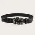 Black leather rhinestone studded belt stylish punk waist accessory for women jeans - Black (Black Rivets)