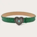 Green retro leather belt with metal studs and vintage heart turquoise buckle for women variant. - Green