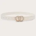 Women white leather belt with gold pearl double circle buckle stylish dress accessory - White
