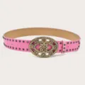 Pink womens retro rhinestone floral oval buckle belt with metal studs fashion accessory - Pink (Black Rivets)