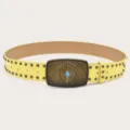 Women vintage yellow wide leather belt with metallic studs and turquoise stone buckle accessory. - Yellow (Black Rivets)