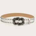 White Rhinestone Studded Punk Belt Stylish Women Casual Jeans Leather Waist Accessory - White (Black Rivets)