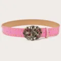 Pink Y2K punk style wide leather belt featuring studded metal details and retro butterfly buckle. - Pink (Green Rhinestone Butterfly Buckle) Gold Rivets