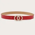 Red women belt with elegant pearl double ring buckle, stylish leather strap for jeans. - Red