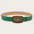 Retro green leather belt with vintage bronze buckle and blue stone stud details for women - Green (Black Rivets)