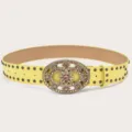 Women's Vintage Yellow Rhinestone Flower Buckle Studded Leather Belt Variant Display - Yellow (Black Rivets)