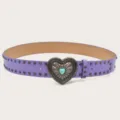 Purple leather belt with rivet studs and turquoise heart buckle, stylish Y2K punk accessory. - Purple