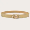 Gold women belt with pearl double ring buckle, stylish leather strap variant for dress. - Gold