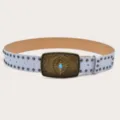 White studded vintage leather belt with ornate brass buckle and turquoise stone decor. - Light Blue (Black Rivets)