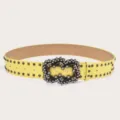 Yellow studded leather belt with crystal rhinestone buckle, trendy punk fashion accessory. - Yellow (Black Rivets)