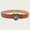 American vintage women's belt with rivet punk style and turquoise heart buckles. - Camel