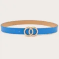 Blue women leather belt with stylish pearl double ring buckle for dresses and jeans - Blue