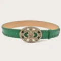Green rhinestone oval buckle belt retro floral studded waist belt women fashion accessory - Green (Black Rivets)
