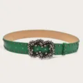 Green punk style wide belt with metal studs and sparkling rhinestone double G buckle for jeans. - Green (Black Rivets)