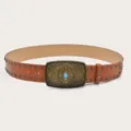 Retro vintage boho wide belt with ornate bronze buckle and turquoise stone, brown waist accessory. - Camel (Black Rivets)