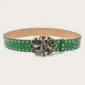 Green Y2K wide belt with gold studs and vintage butterfly buckle, stylish punk waist strap. - Green (Green Rhinestone Butterfly Buckle) Gold Rivets