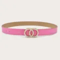 Pink leather belt, pearl double-circle buckle, sweet style accessory for women's dress jeans. - Pink