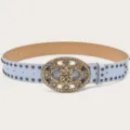 Women vintage rhinestone floral oval buckle belt with metal studs fashion accessory - Light Blue (Black Rivets)