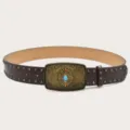 Vintage retro wide leather belt with ornate brass buckle and turquoise stone for women summer. - Coffee (Black Rivets)