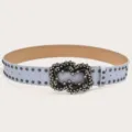 Women punk style light blue leather belt with metal rivets and vintage rhinestone buckle - Light Blue (Black Rivets)