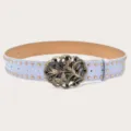 Y2K punk style women belt white leather with gold studs and vintage butterfly buckle - Light Blue (Green Rhinestone Butterfly Buckle) Gold Rivets