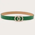 Green leather belt with gold pearl double circle buckle stylish accessory for women jeans dress - Green