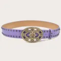 Women's Retro Purple Leather Belt Rhinestone Flower Oval Buckle Fashion Accessory - Purple (Black Rivets)