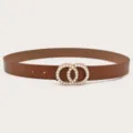 Brown women's belt with double ring pearl buckle, chic fashion waist strap for dresses jeans. - Camel