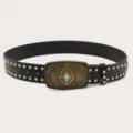 Retro black leather belt with gold studs and ornate turquoise buckle, stylish waist accessory. - Black (Gold Rivets)