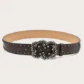 Stylish brown leather belt with metallic studs and sparkling rhinestone embellished buckle. - Coffee (Black Rivets)