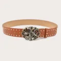Punk retro wide brown leather belt featuring gold rivets and an ornate gemstone butterfly buckle. - Camel (Green Rhinestone Butterfly Buckle) Gold Rivets