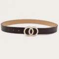 Women dress belt brown leather double circle pearl buckle fashion jeans decorative strap - Coffee