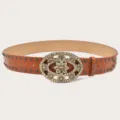 Women vintage brown rhinestone floral metal buckle belt retro studded waist strap accessory - Camel (Black Rivets)